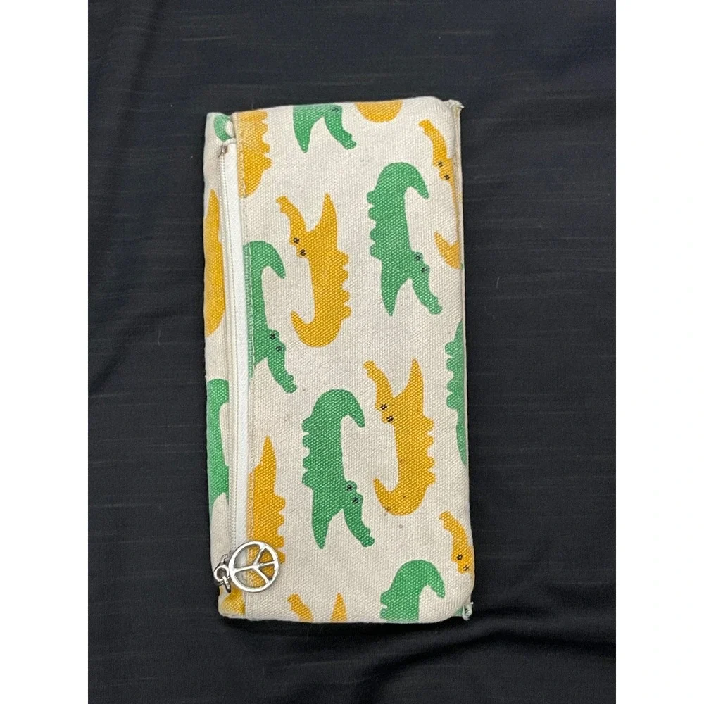 Bungalow360 Alligator Print Canvas Wallet Beige Green Yellow Gator Peace Sign